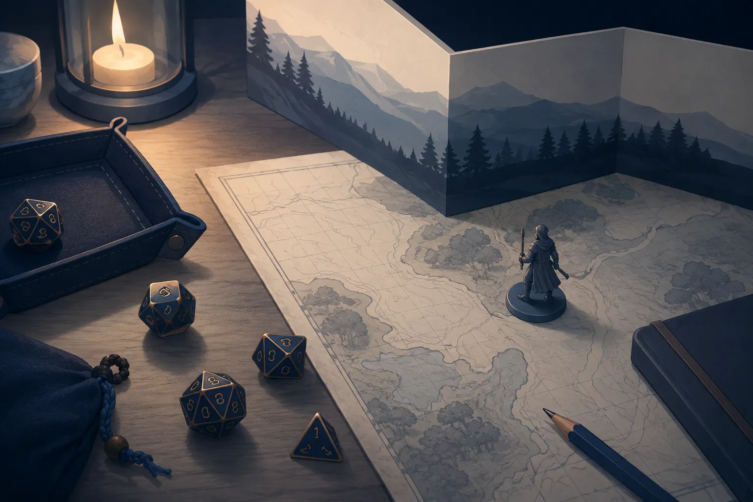 Polyhedral dice, a campaign map, and a miniature beside a lantern