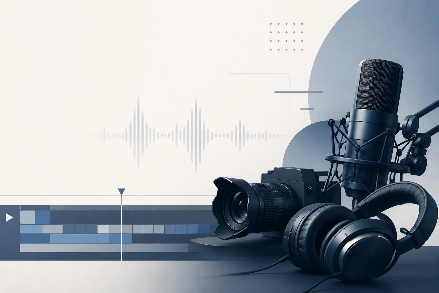 Microphone, camera, headphones, and an audio editing timeline