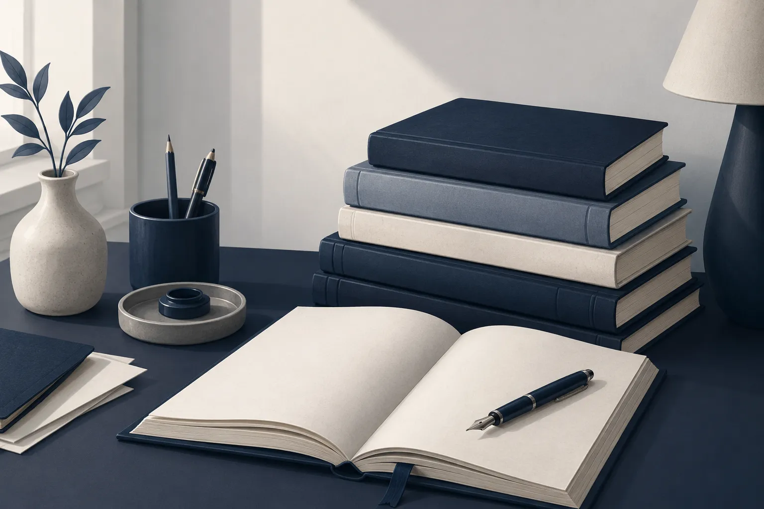 A stack of hardcover books and an open notebook with a fountain pen