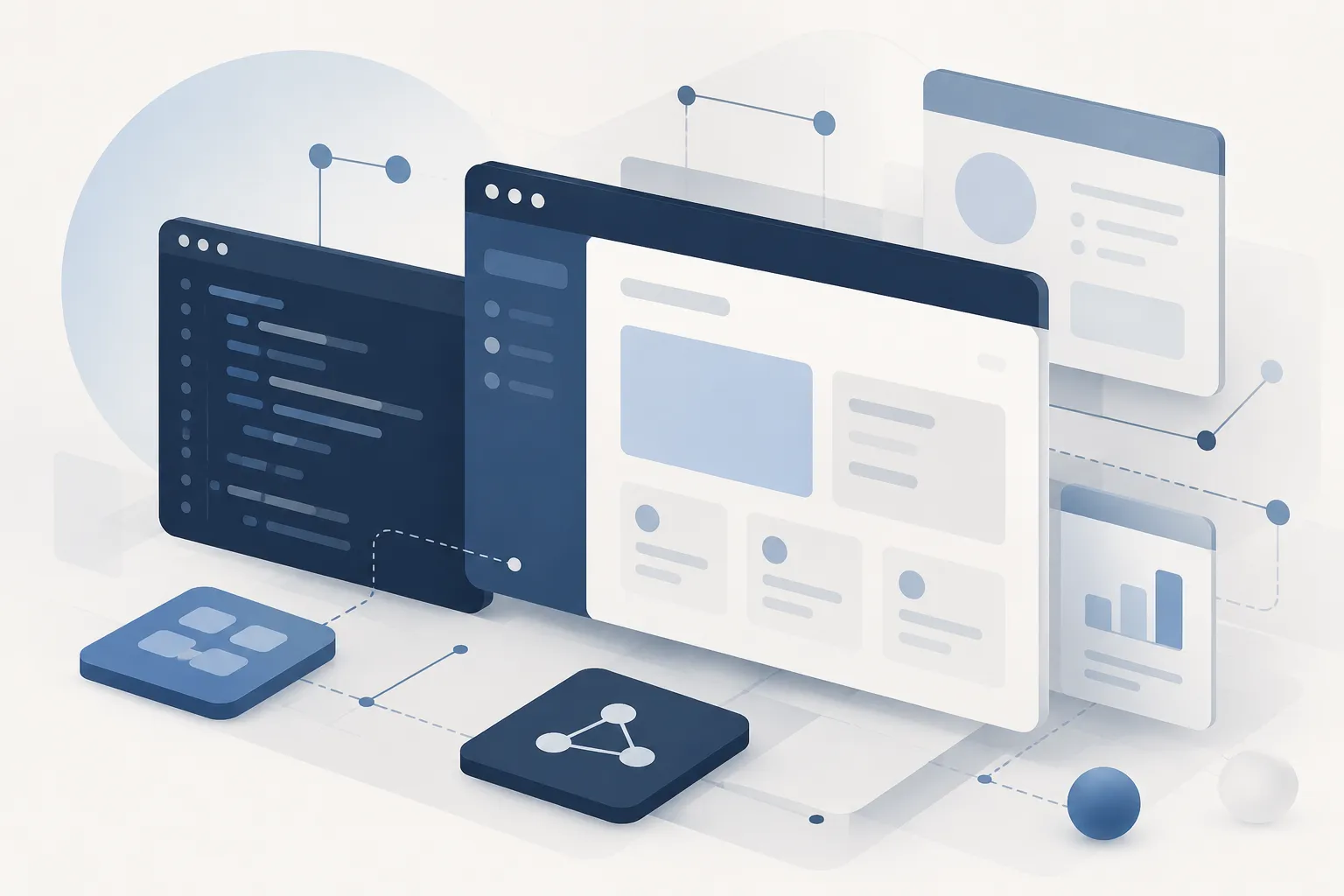 Application windows, dashboards, and connected components in a software interface